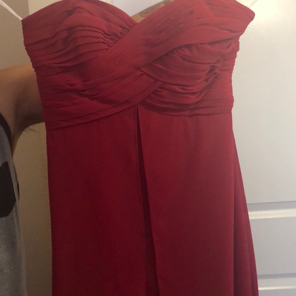 Red strapless bridesmaid dress